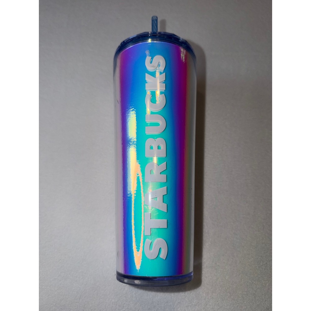 Starbucks 24oz Venti Iridescent Blue Holographic Tumbler Faceted Dome Lid Straw
